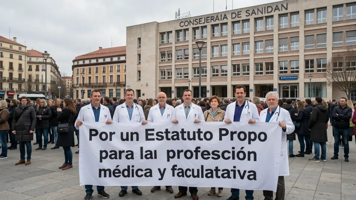 Image of doctors and medical professionals protesting in front of the Ministry of Health in Madrid.