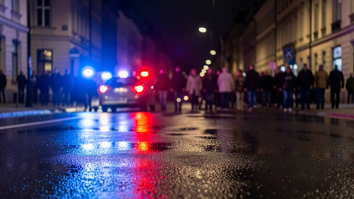 Generic image of police emergency lights reflecting on wet asphalt at night.