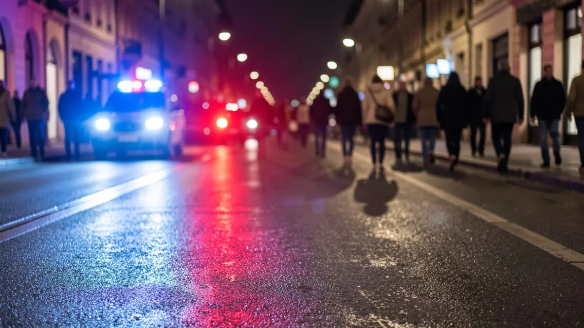 Generic image of emergency lights reflecting on wet asphalt at night.