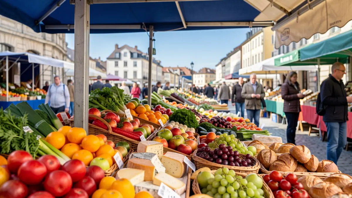 Puesto de mercado al aire libre con productos frescos y gente comprando.