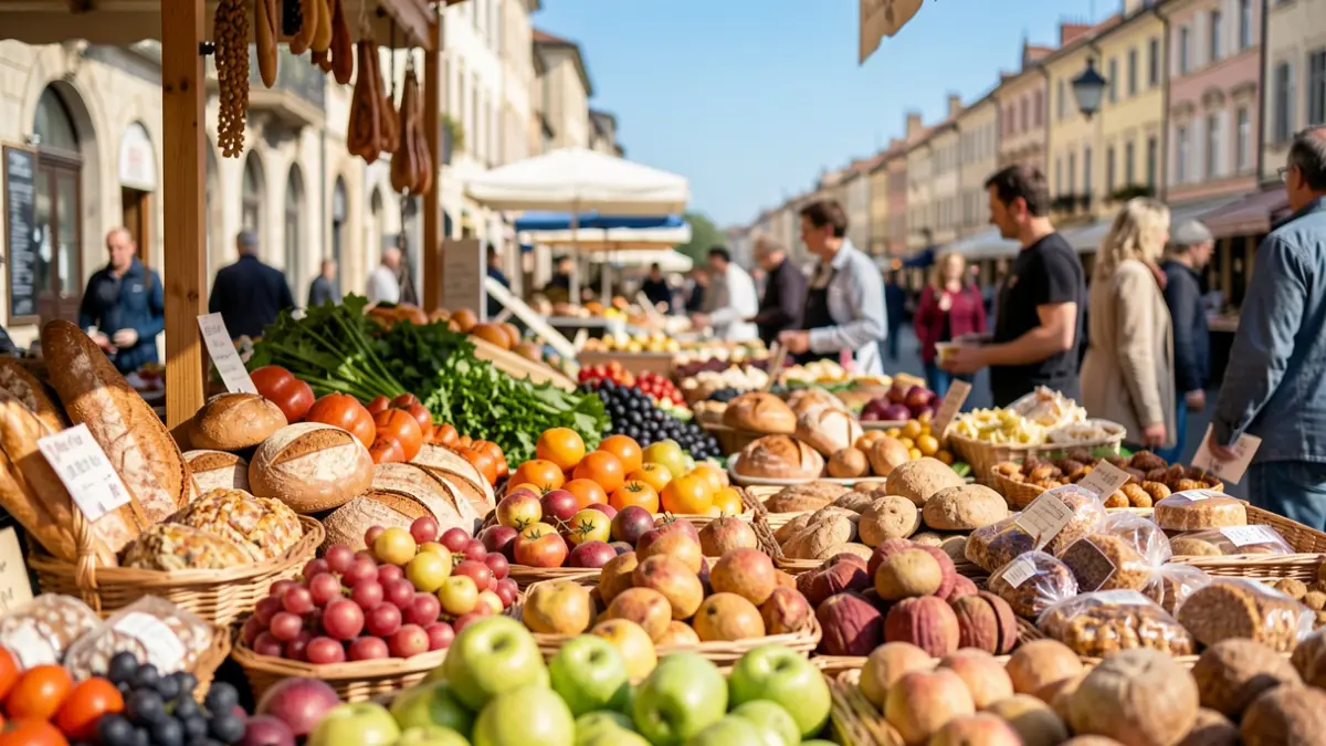Market stall with regional agri-food products on a sunny day.
