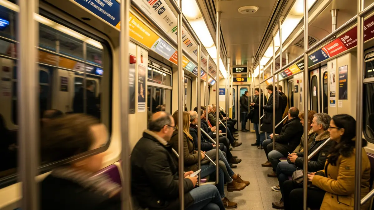 Generic image of the interior of a Madrid Metro train with lights on.