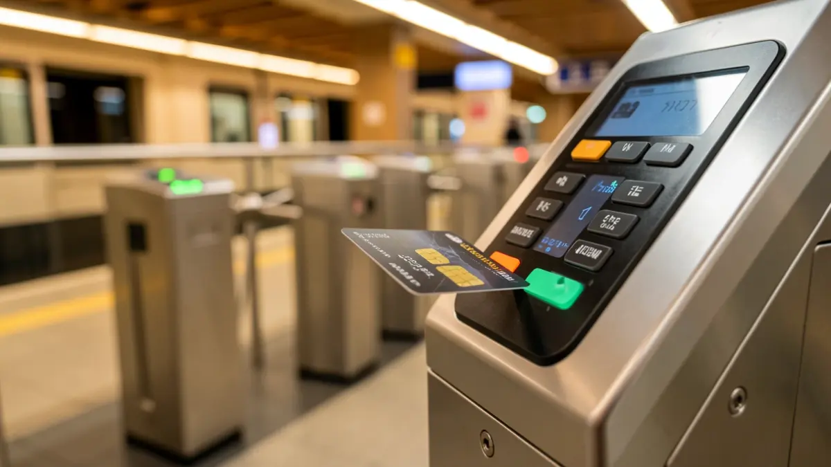 Primer plano de una tarjeta bancaria contactless siendo validada en un torno del Metro de Madrid.