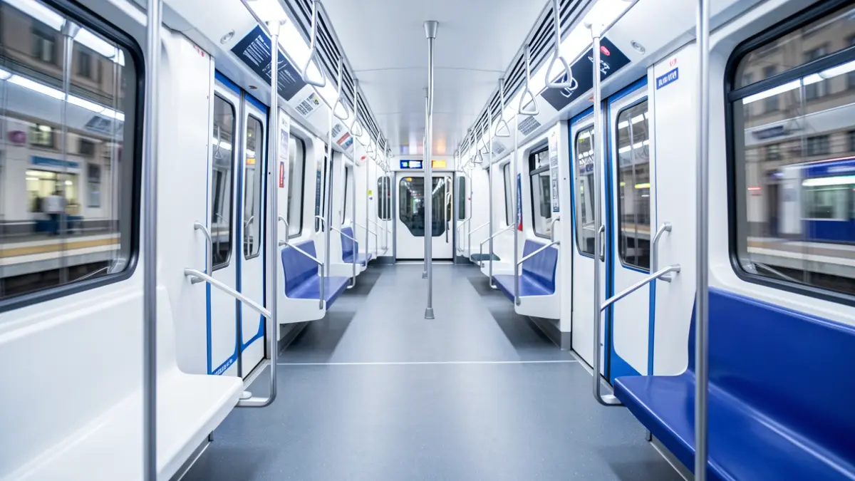 Interior of a new Madrid Metro train with a modern and open design.