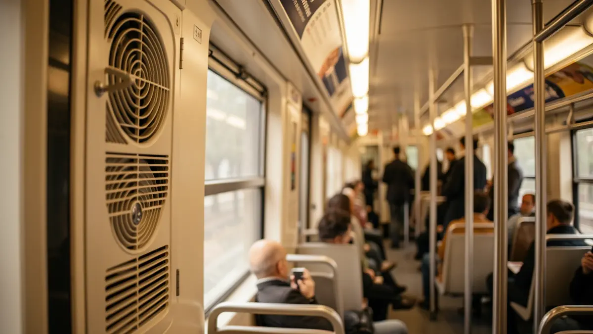 Generic image of the interior of a Madrid Metro train carriage with air conditioning systems.