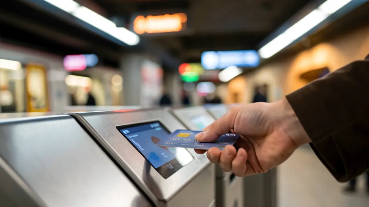 Close-up of a contactless bank card being validated at a Madrid Metro turnstile.