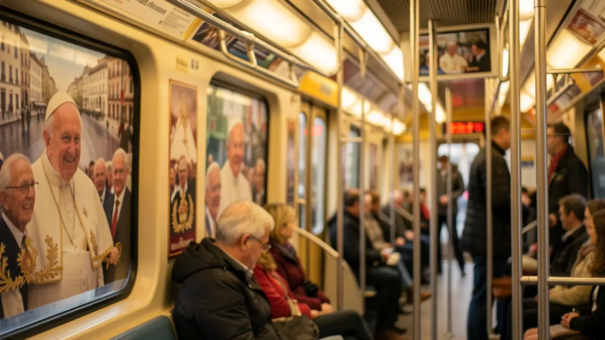 Interior de un vagón de Metro de Madrid decorado con motivos de la visita papal.