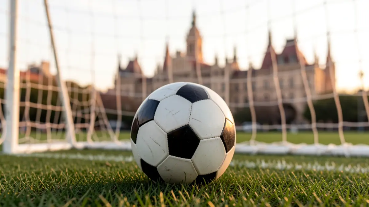 Generic image of a soccer ball on grass with the goal net blurred and Madrid architecture in the background.
