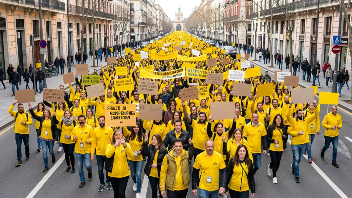 Imagen genérica de una manifestación masiva en Madrid con personas portando pancartas amarillas.