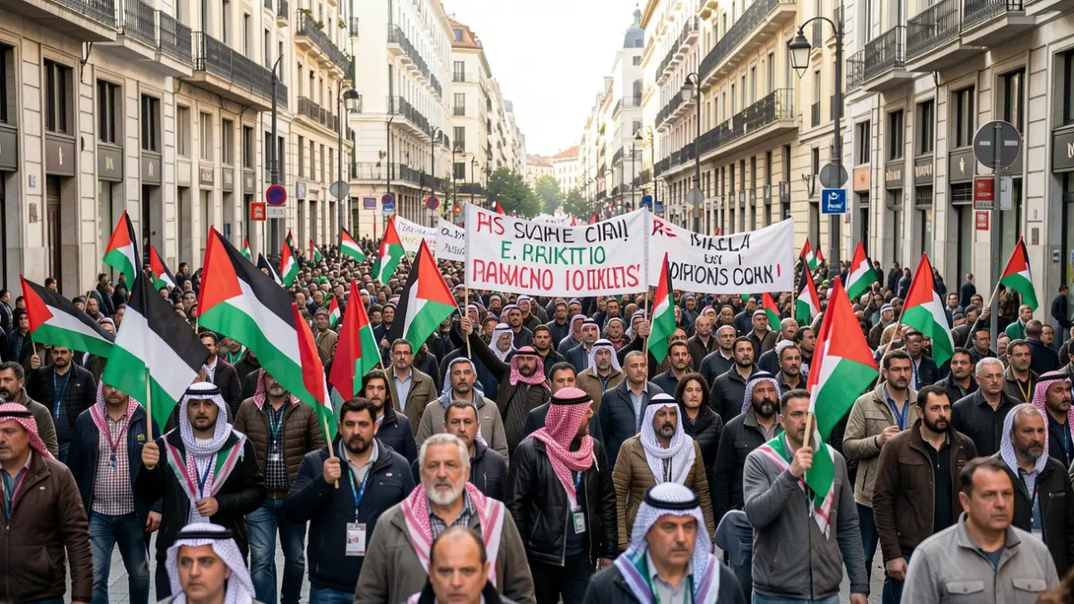 Image of a demonstration in Madrid with Palestinian flags and banners.