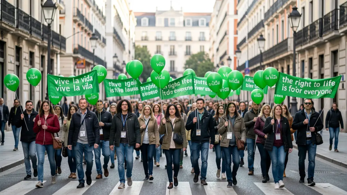 Generic image of a protest in Madrid with green balloons and banners.