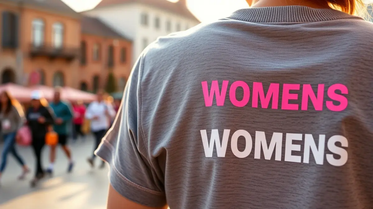 Imagen de una camiseta conmemorativa de una carrera femenina, con un fondo urbano difuminado.