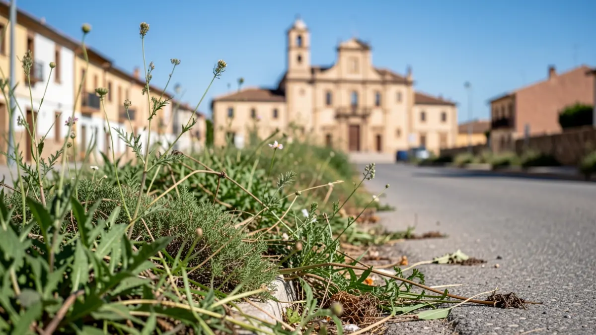 Image of overgrown vegetation on the edge of a public road in Moralzarzal, with the town hall in the background.