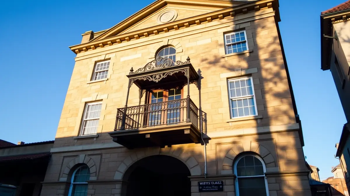 Facade of a town hall with a balcony and iron railings, under the afternoon sunlight.