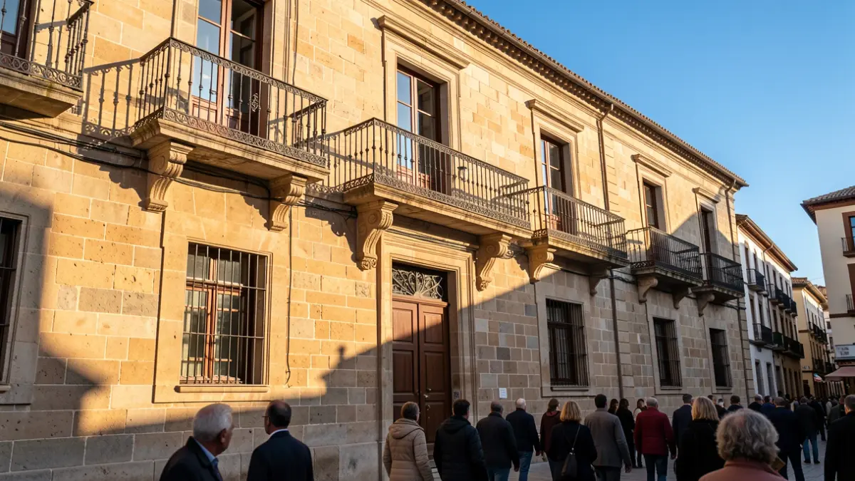 Facade of a traditional stone town hall in Madrid with an ornate iron balcony, illuminated by the afternoon sun.