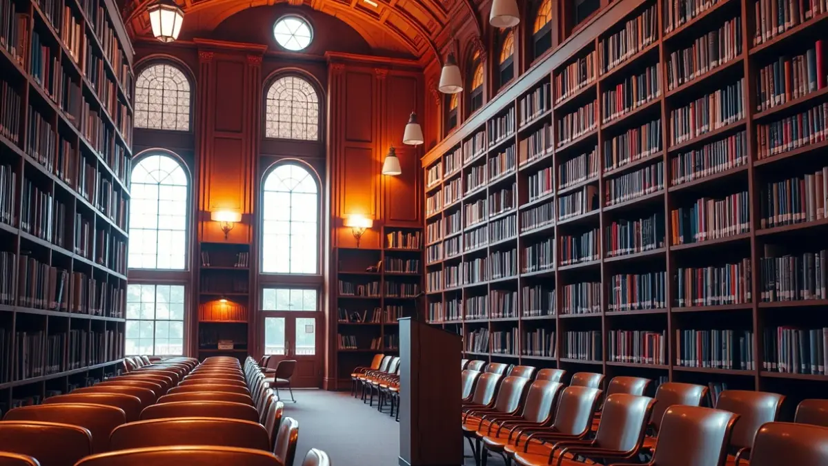 Generic image of a study room in a library, with bookshelves and tables.