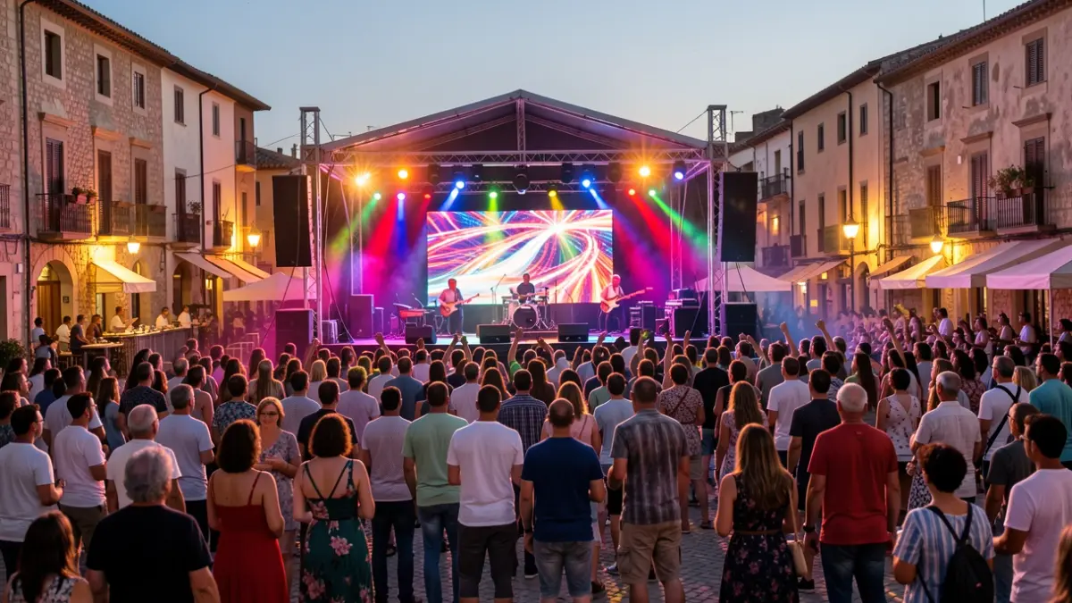 Outdoor music festival stage at dusk in Móstoles, with colorful lights and crowd.