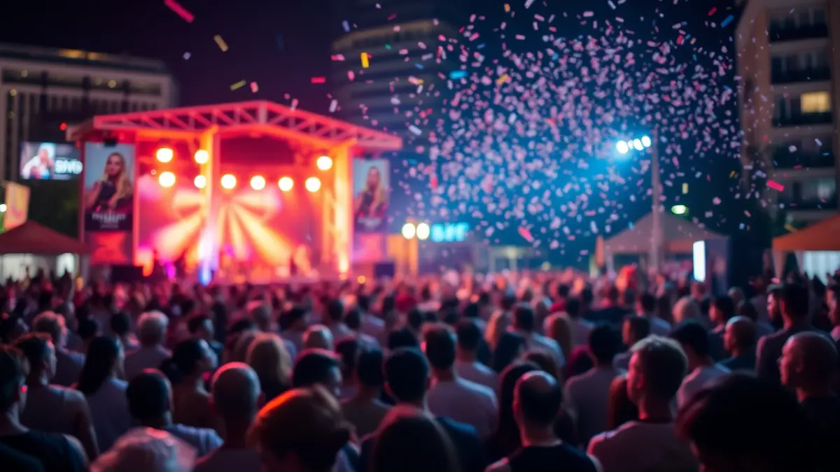 Imagen genérica de un concierto al aire libre durante la noche, con luces de escenario y una multitud difuminada.
