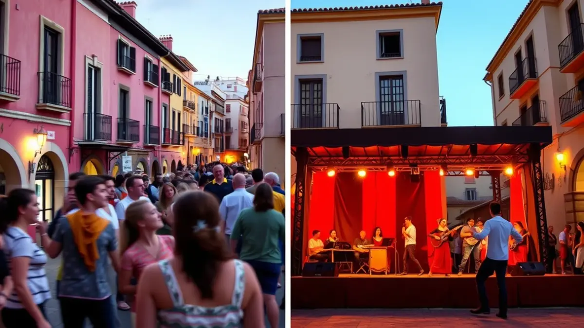 Imagen de ambiente festivo en una plaza de Móstoles, con actividades diurnas y nocturnas.