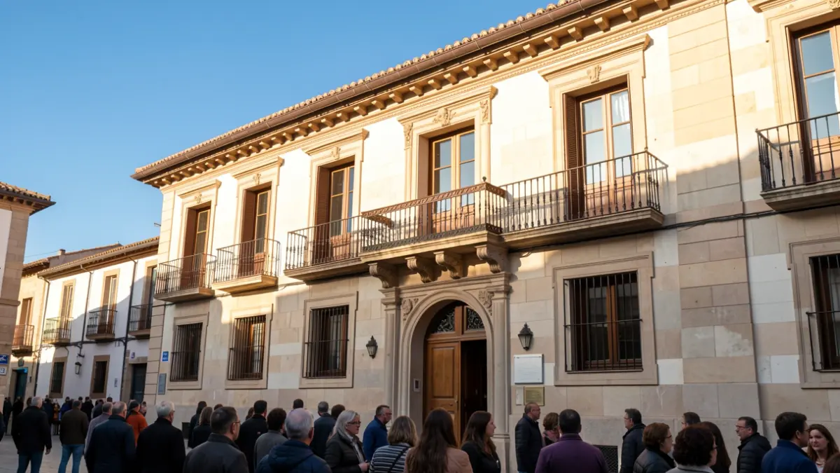 Facade of a traditional Spanish town hall with a balcony and iron railings, under the warm afternoon sunlight.