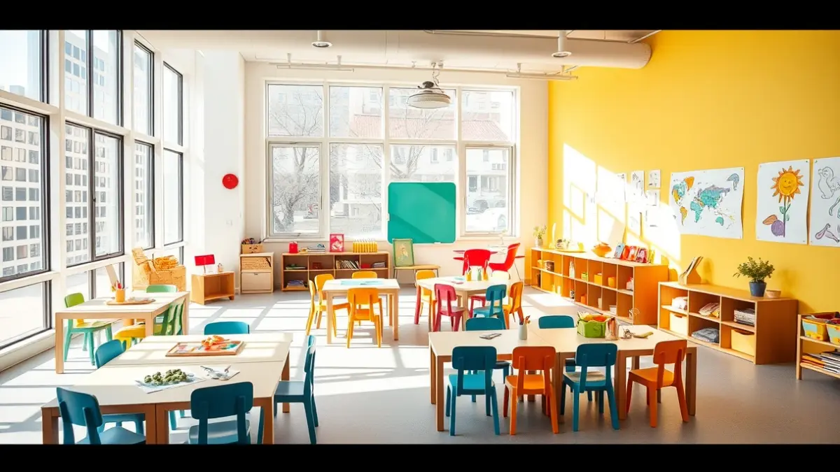 Imagen genérica de un aula infantil con materiales de arte y dibujos.