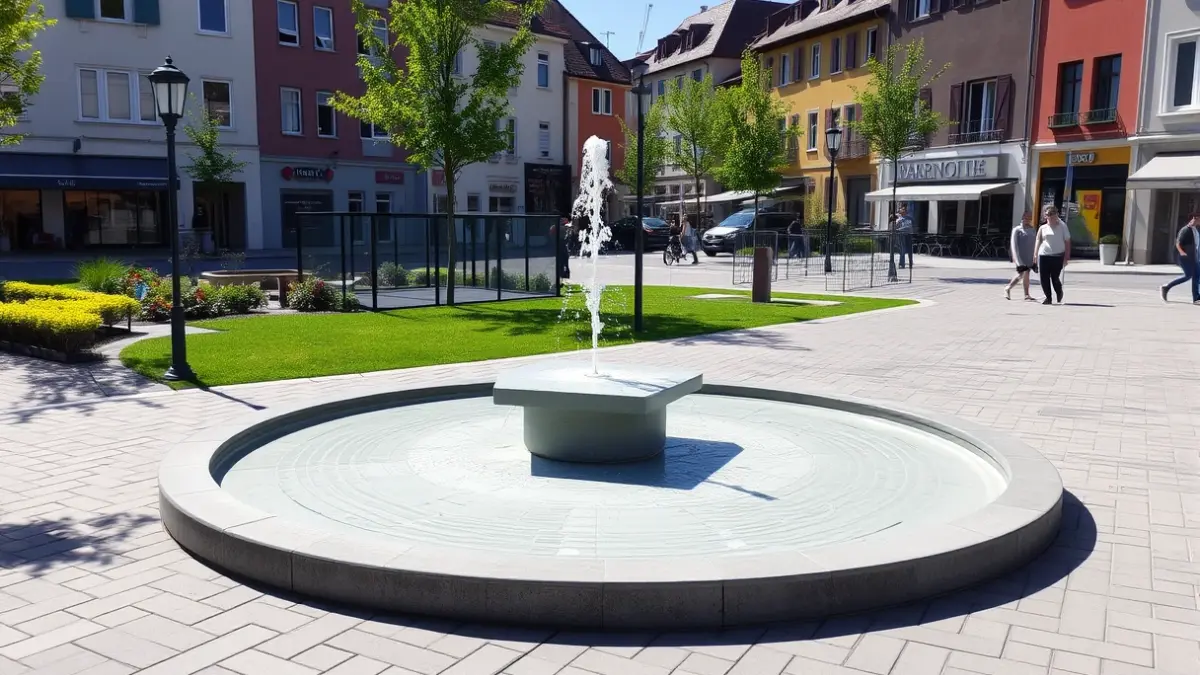 Image of a renovated pedestrian area with a fountain for people and pets and a dog park.
