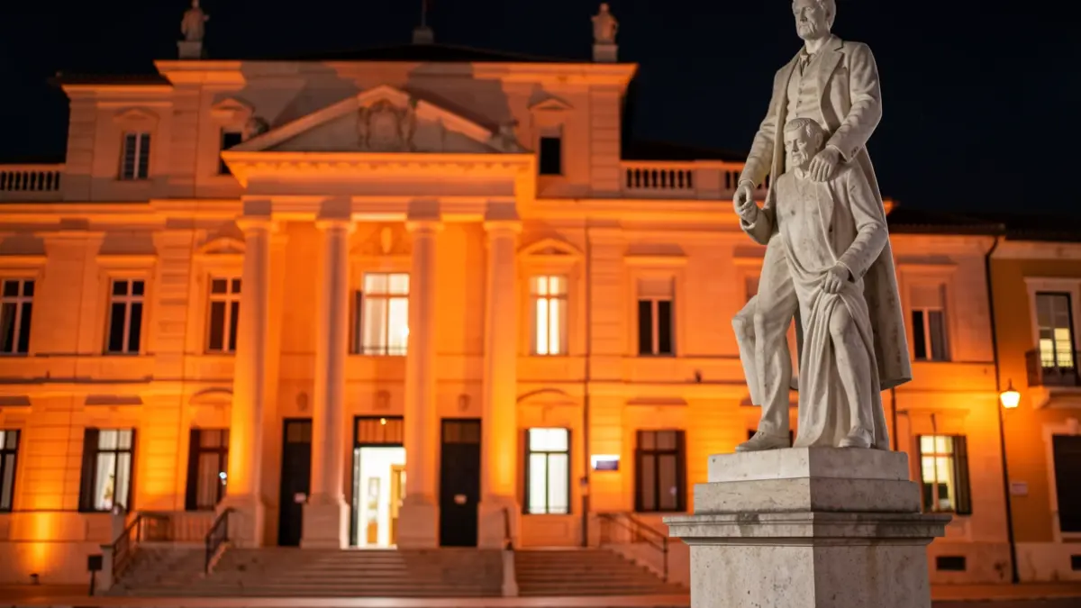 Fachada del Ayuntamiento de Móstoles y la estatua de Andrés Torrejón iluminadas de naranja.