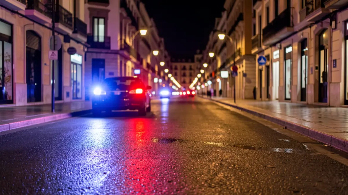 Generic image of police emergency lights reflecting on wet asphalt at night on a Madrid street.