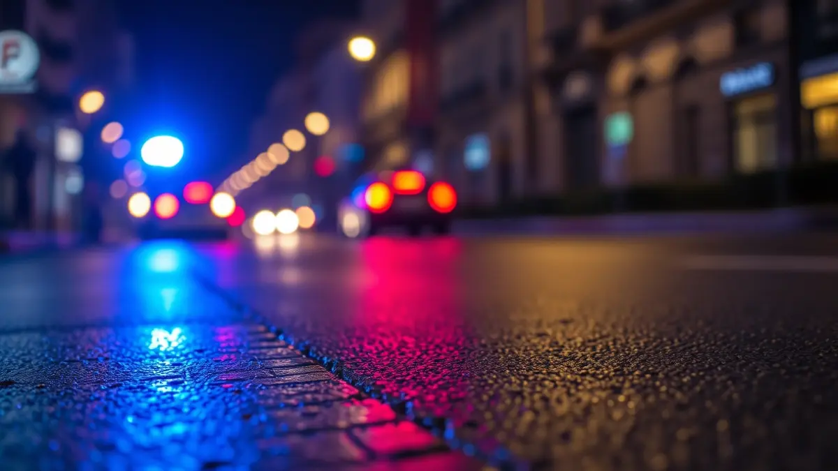 Imagen genérica de luces de emergencia reflejadas en el asfalto mojado en un entorno urbano de Madrid.