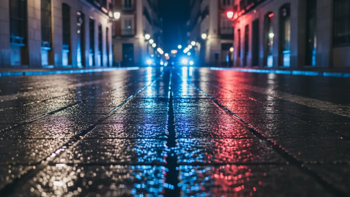 Imagen genérica de luces de emergencia reflejadas en el asfalto mojado.
