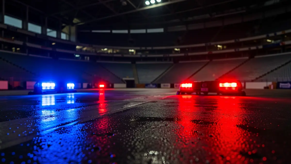 Generic image of emergency lights reflecting on the floor of a sports arena.