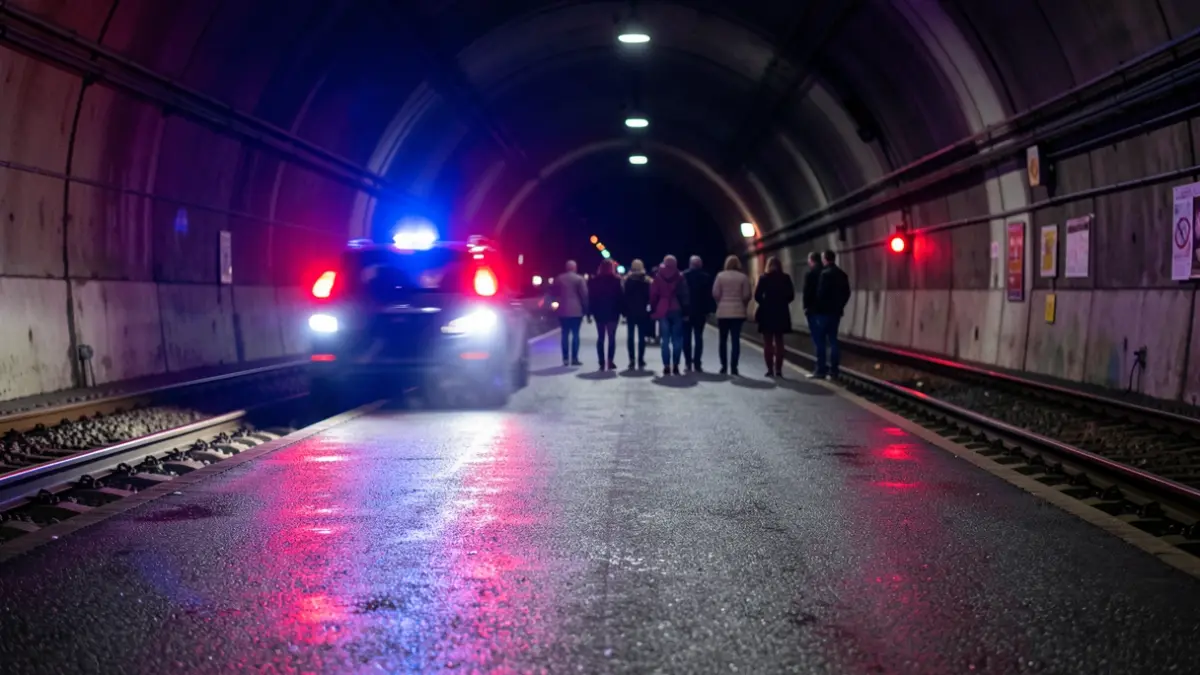 Generic image of emergency lights reflecting on wet asphalt inside a dark railway tunnel.