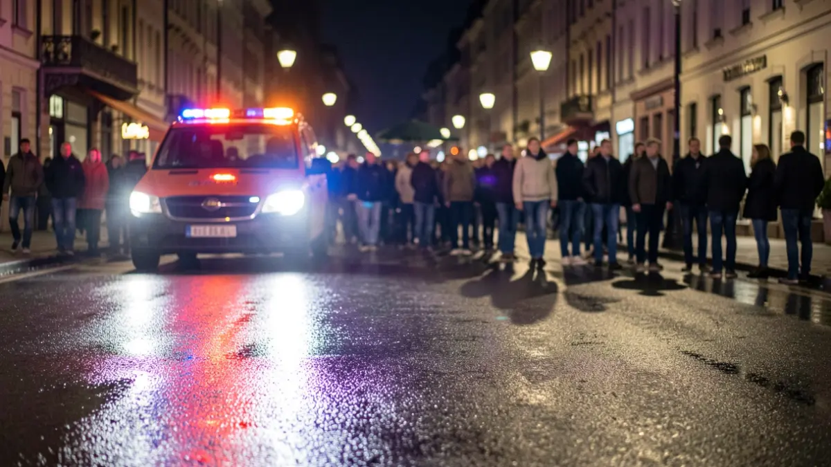 Imagen genérica de luces de emergencia reflejándose en asfalto mojado por la noche.