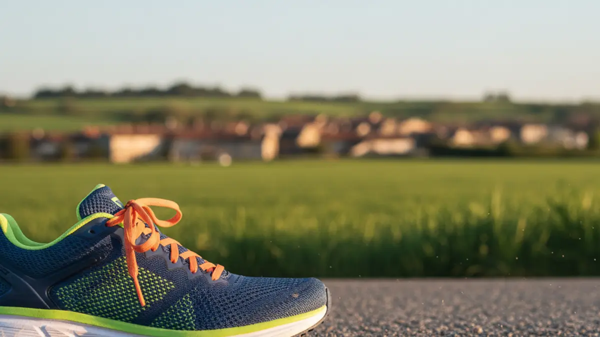 Image of a running shoe on a rural road, with a village in the background.
