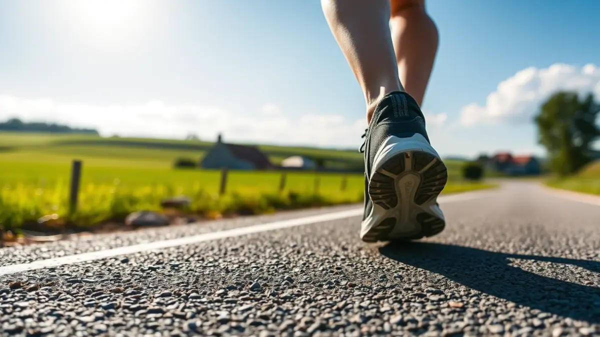 Image of a running shoe on a rural road, with a village in the background.