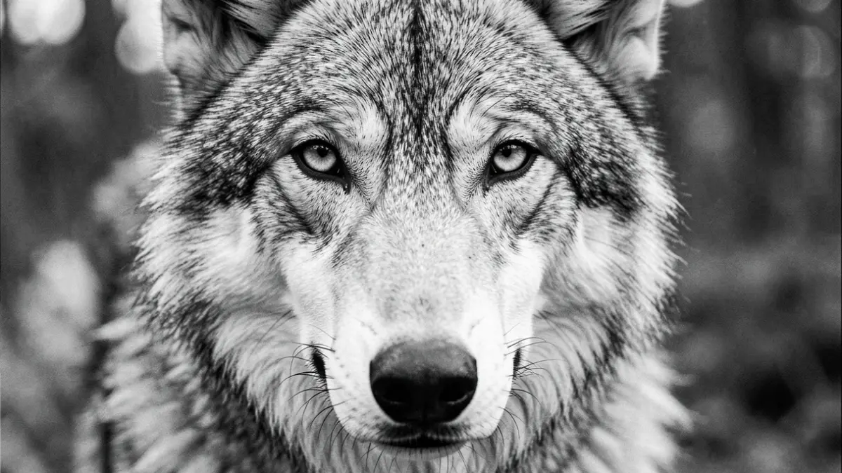 Primer plano del rostro de un animal salvaje mirando fijamente a la cámara, en blanco y negro.