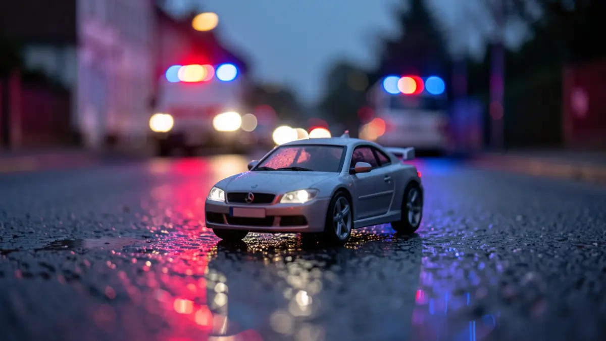 Imagen genérica de un coche de juguete en la carretera con luces de emergencia.