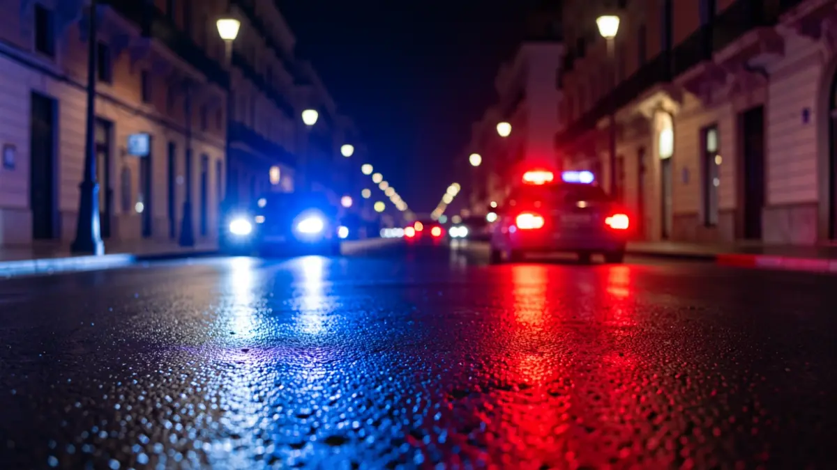 Generic image of police emergency lights reflecting on wet asphalt at night.
