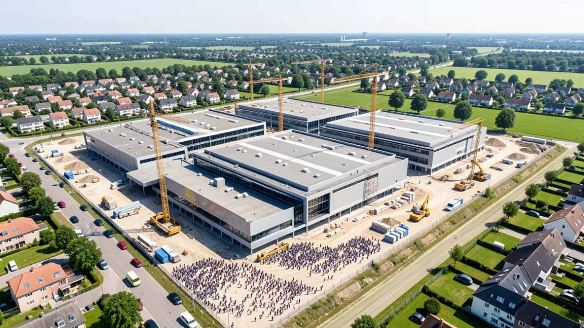 Vista aérea de un gran parque comercial moderno en construcción en una zona suburbana.