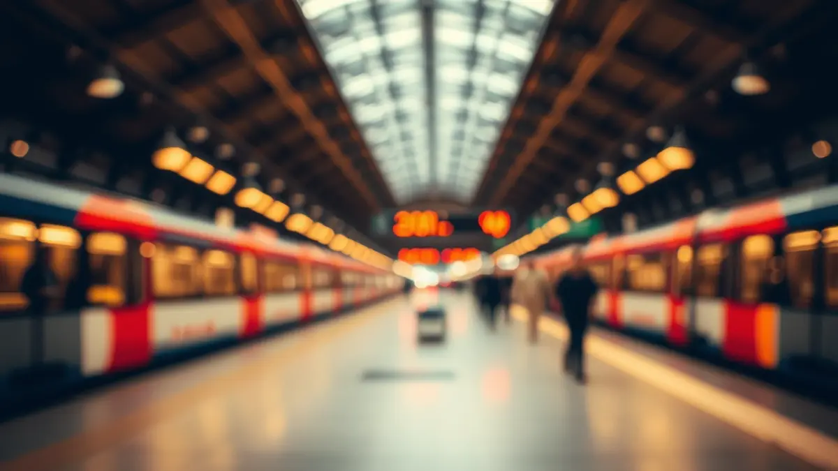 Generic image of a train station in Madrid, with blurred lights and figures.