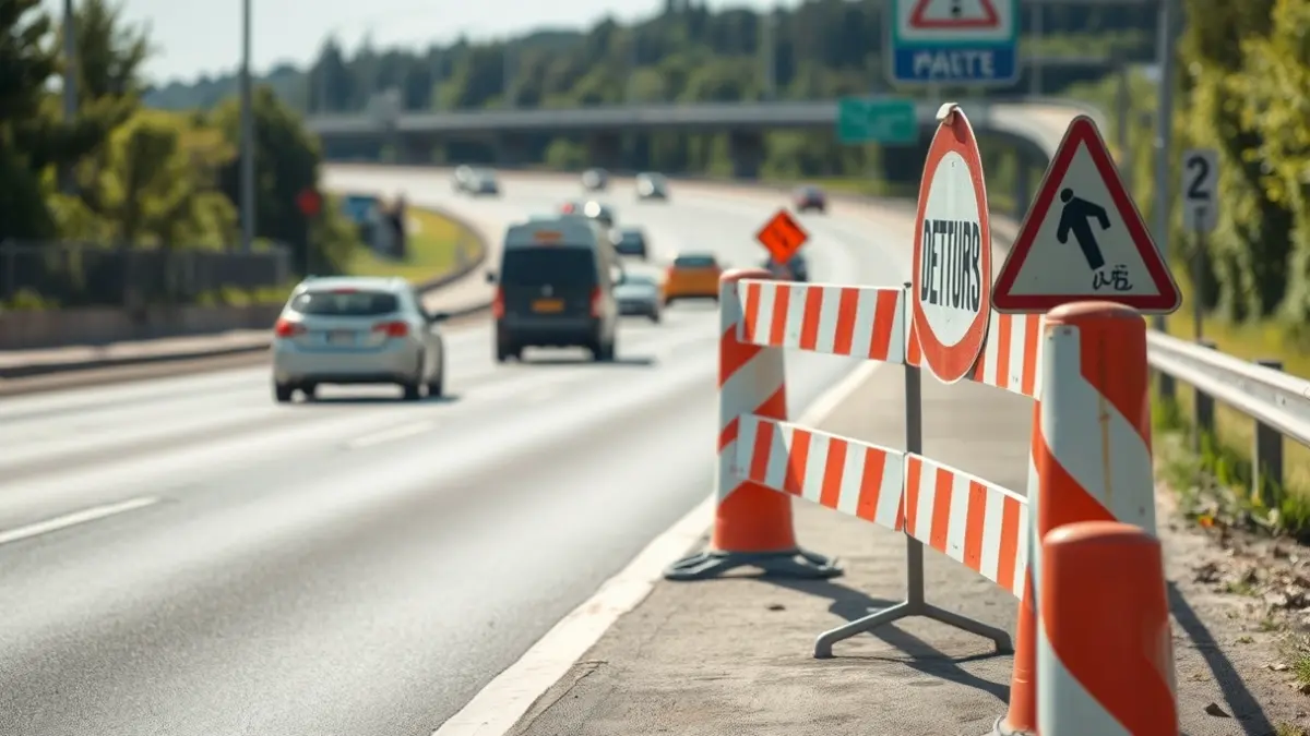 Imagen genérica de obras en carretera con señalización temporal y tráfico borroso.