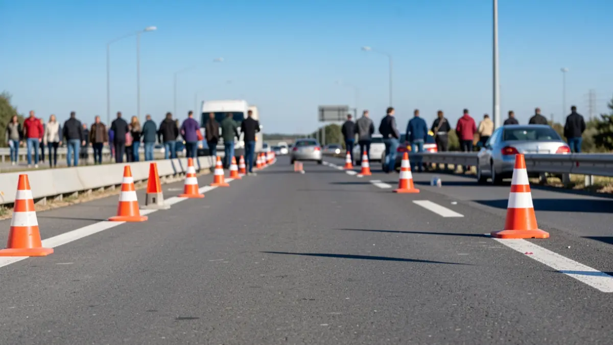 Generic image of roadworks on a highway in the Comunidad de Madrid with cones and barriers.
