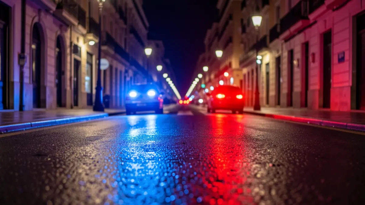 Imagen genérica de luces de emergencia reflejándose en asfalto mojado por la noche en una calle de Madrid.