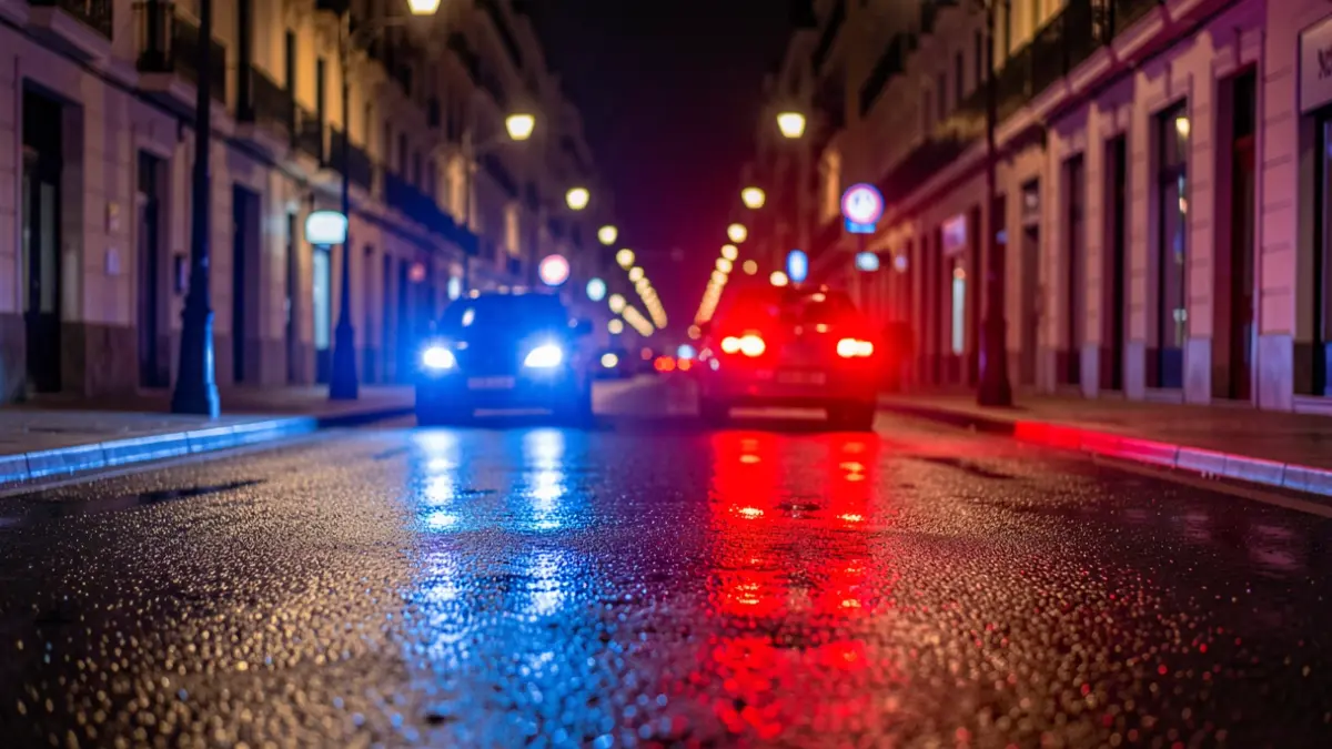 Imagen genérica de luces de emergencia policiales reflejándose en el asfalto mojado por la noche.