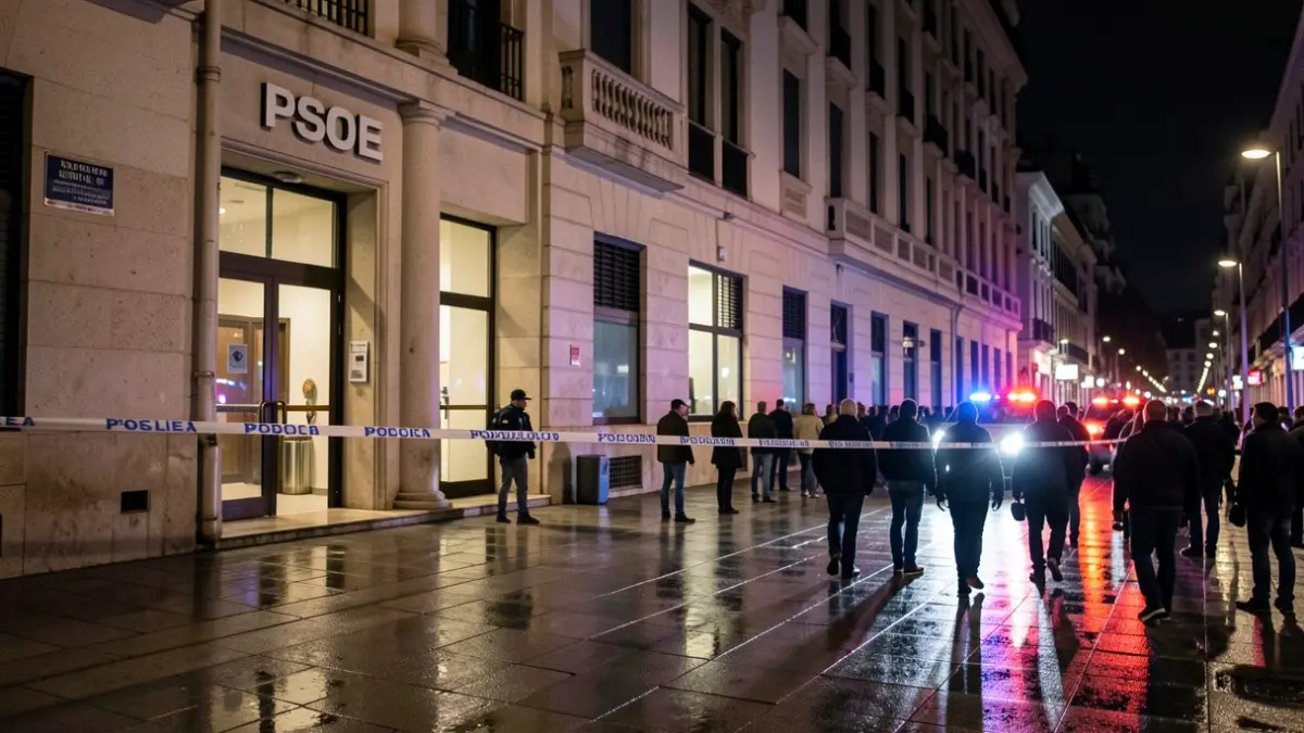 Sede del PSOE en Ferraz durante una operación policial nocturna.