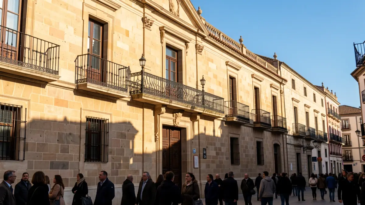 Fachada de un ayuntamiento de piedra con balcón de hierro y barandillas ornamentadas, iluminada por el sol de la tarde.