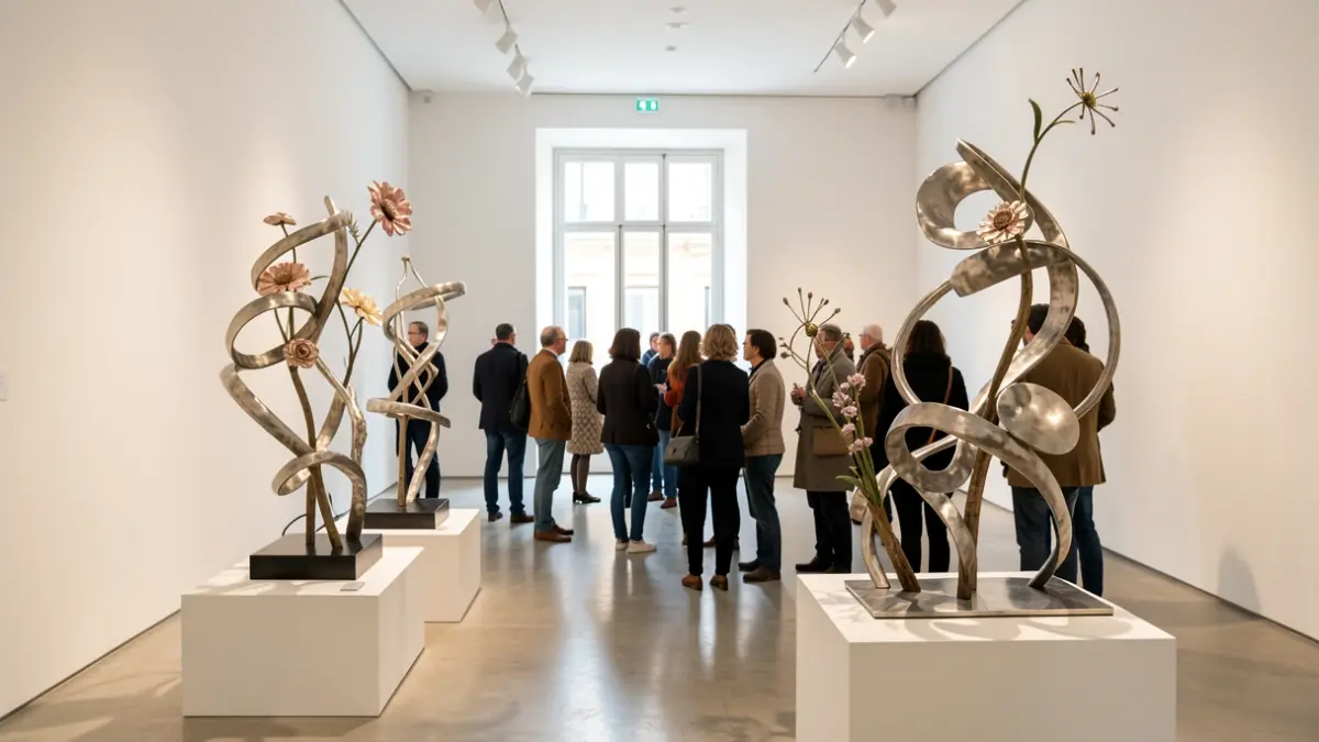 Interior de una galería de arte contemporáneo con esculturas abstractas y elementos metálicos y florales.