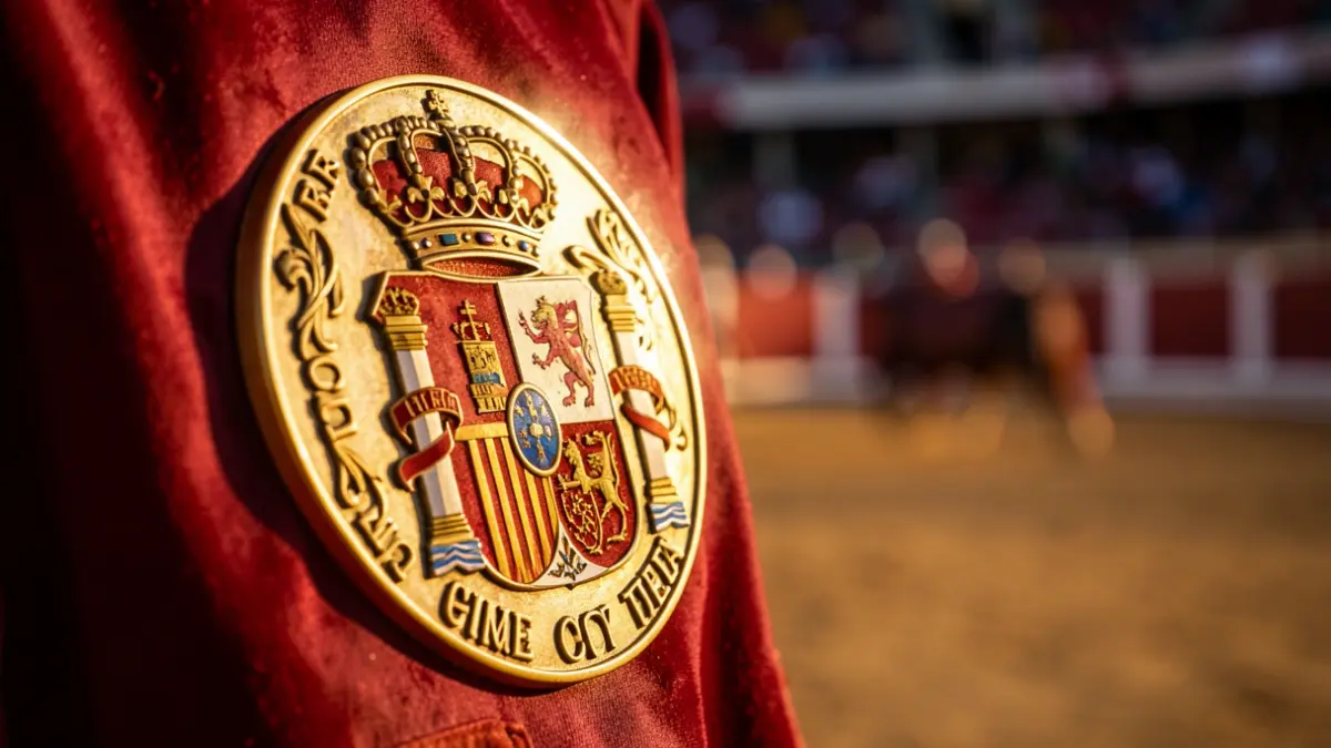 Sello real español sobre un fondo difuminado de una plaza de toros.