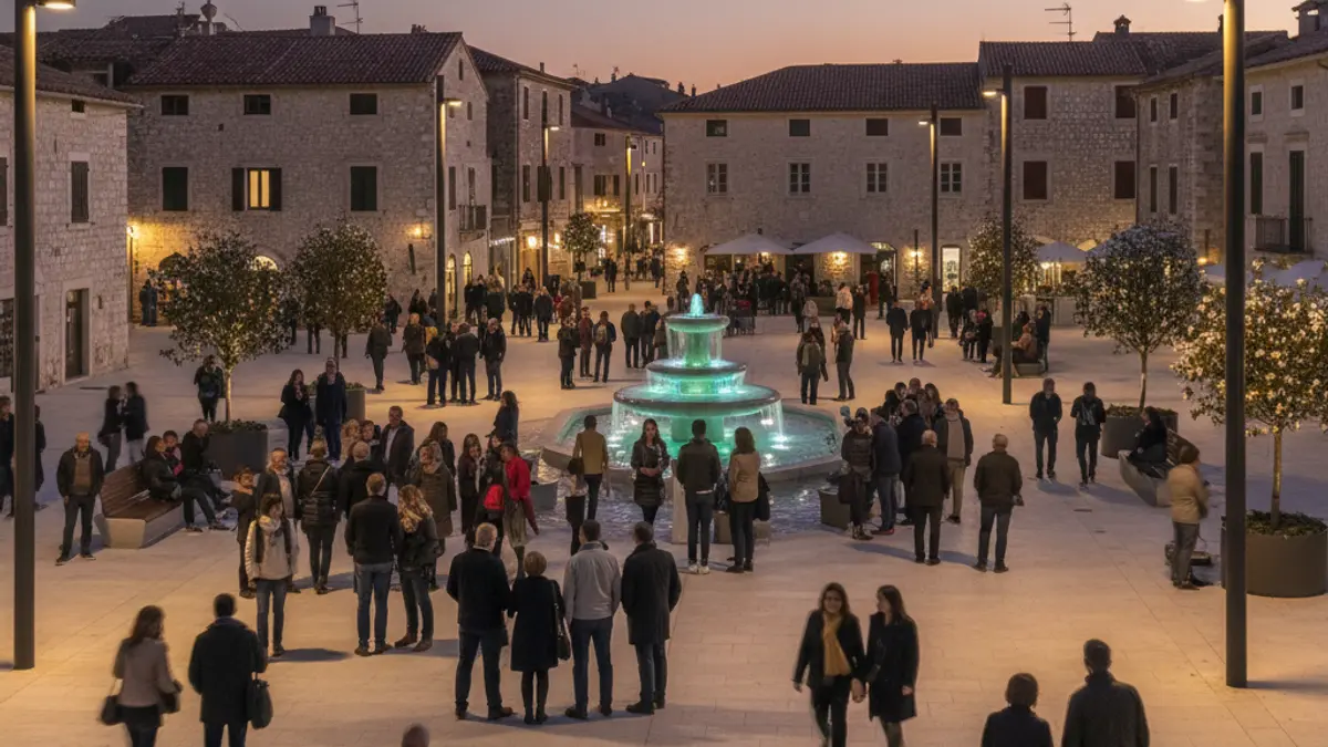 Image of a newly renovated square with modern lighting and a walkable fountain.