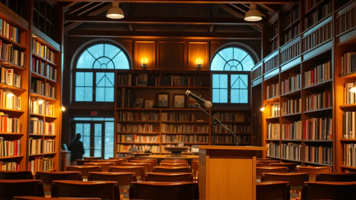 Imagen genérica de una biblioteca con estanterías de madera y un micrófono en un podio.